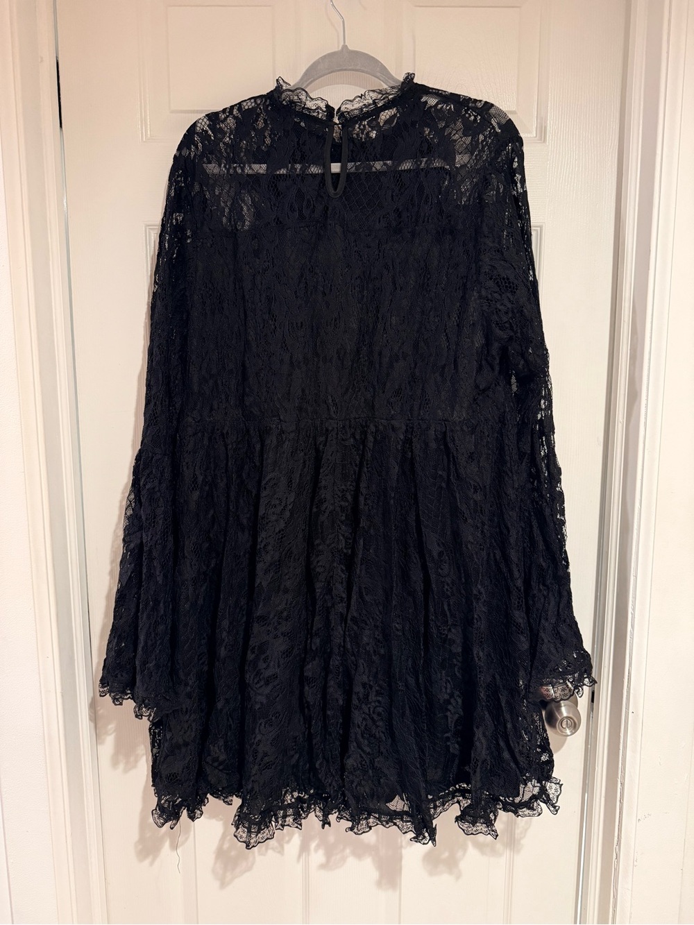 SHEIN Black Lace Long Sleeve Ruffled Tie Neck Mini Dress - Picture 3 of 8